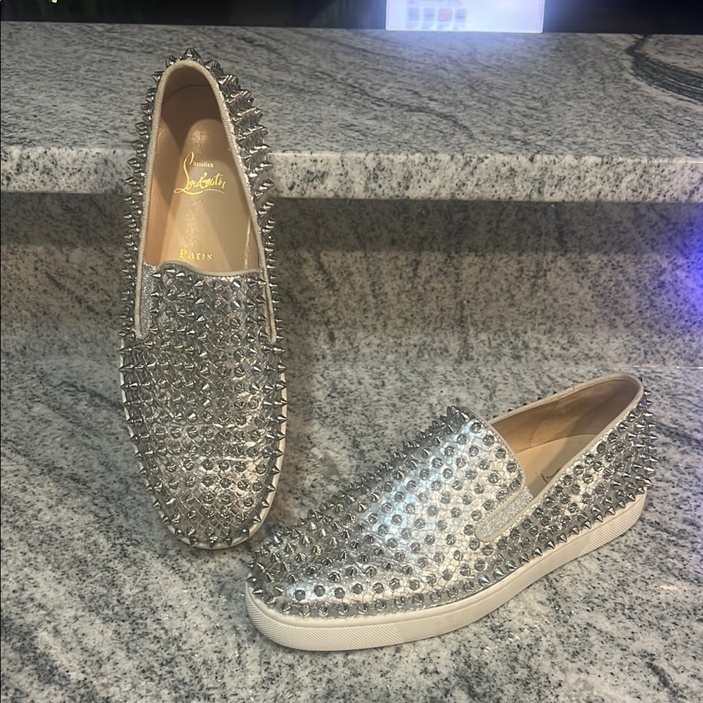 Christian Louboutin Silver Spiked Slip-On Sneakers